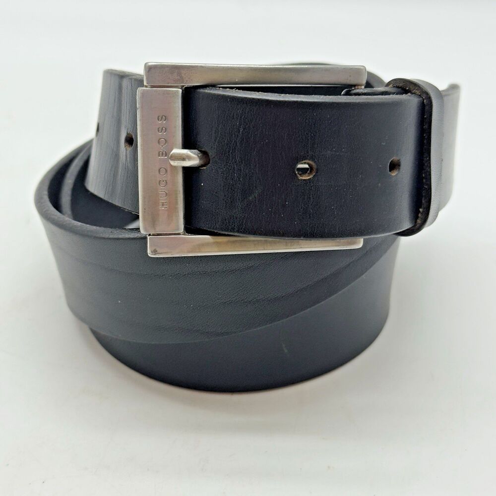 Hugo Boss Black Cow Leather Belt Men's 38 Engraved HB Silver Tone Buckle 5128 - Picture 7 of 14